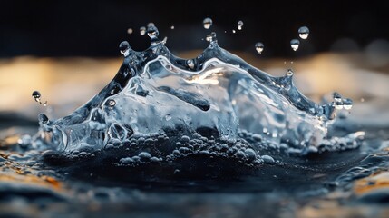 A haunting macro shot of a single melting ice fragment, its crystalline structure dissolving into a pool of water