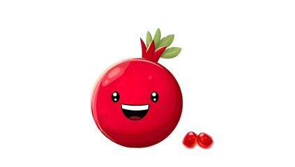 A cheerful cartoonish pomegranate with a smiling face and vibrant red color, surrounded by two smaller pomegranates, ideal for playful designs.