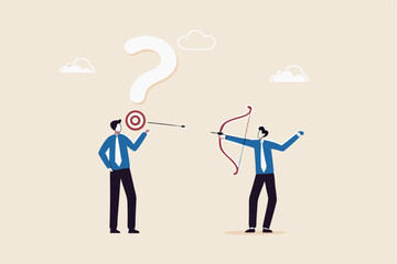 Ask good question, communicate to solve problem, smart question to get best answer, knowledge or learning concept, curios businessman asking good question with target for other to shoot answer.