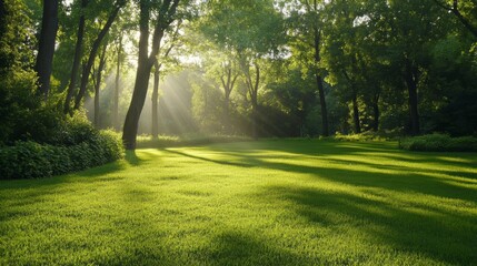 Realistic sunlight overlay with subtle rays illuminating a serene outdoor landscape,