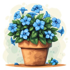 Vibrant Blue Flowers in Terracotta Pot, a Delightful Springtime Bloom Displayed in Artistic Illustration
