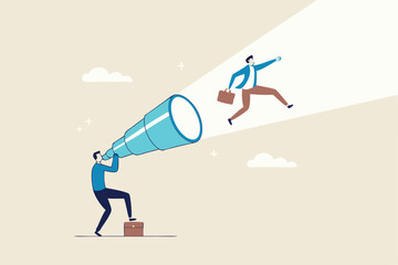 Create strong vision to lead to business success, ambition to set direction and reach goal and target, mission or career path, businessman look through telescope see himself walking to reach goal.