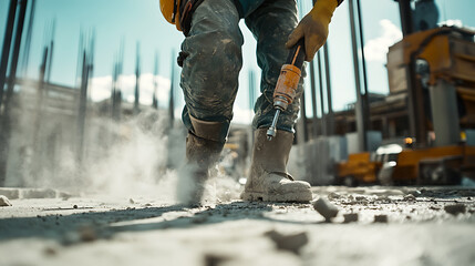 Construction Worker Using Jackhammer on Concrete