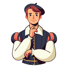 Young man in Renaissance style attire pondering thoughtfully design