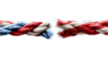 A close-up image of a rope with red, white, and blue strands, partially frayed, symbolizing division or separation in a powerful visual metaphor.