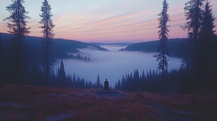Solitary figure amidst ethereal mountain valley
