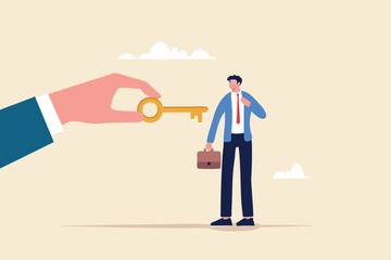 Coaching or training to unlock employee true potential and achieve career success, advance skill for talent personal development concept, coach holding success golden key to unlock employee keyhole.