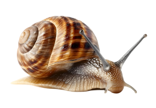 A close-up of a beautifully patterned snail, showcasing its shell and soft body. This image captures the delicate features and unique textures of nature.