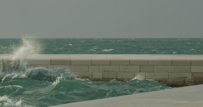 Strong Waves from the Jugo Wind Crash on the Promenade in Zadar, Croatia