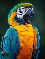 Fototapeta premium Colorful Portrait of a Blue and Gold Macaw: Majestic Parrot with Vibrant Feathers