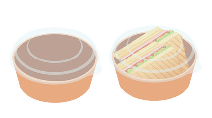 Collection of food containers. Circular takeout bowls. Sandwiches fast food. Disposable food packaging. Restaurant takeaway options. Food service. Vector illustration isolated on white