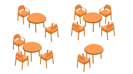 Isometric set of wooden tables and chairs. Cafe furniture arrangements. Round dining tables with matching chairs. Restaurant seating options. Outdoor dining sets. Vector illustration isolated