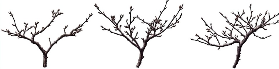 Obraz premium Three bare, slender branches with small buds, isolated on white background