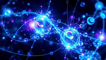 Obraz premium Dynamic 3D Neon Biotech Illustration Featuring Interconnected Spheres and Lines with Brilliant Blue and Purple Lights Against a Deep Black Background Perfect for Decoration