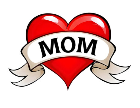 A colorful heart symbol adorned with a banner reading 'MOM,' representing love and appreciation for mothers. Perfect for Mother's Day celebrations.