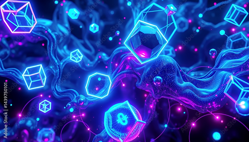 Fototapete dynamic 3d neon biotech illustration with glowing blue and pink geometric cubes and organic structur