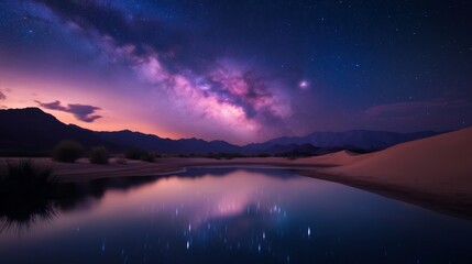 The stunning beauty of the Milky Way arching above a still desert oasis, reflections shimmering in the water,