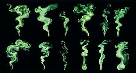 Fototapeta premium Smelling smoke set. Bad green smell toxic deadly gaz fume steam effect acid effects. Potion evaporations stench chemical vapor shapes. Cartoon style Isolated vector clipart collection