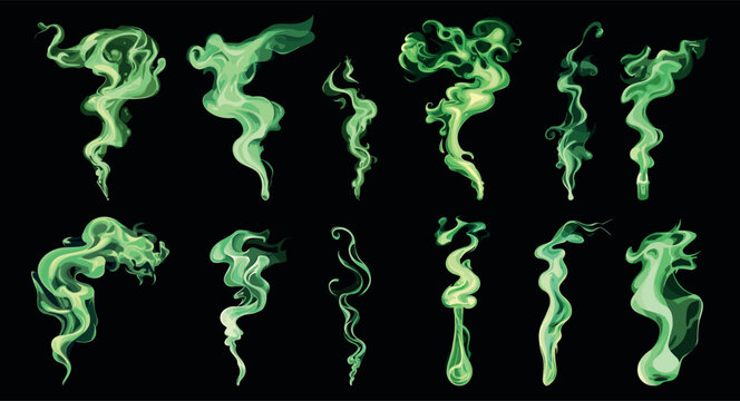 Smelling smoke set. Bad green smell toxic deadly gaz fume steam effect acid effects. Potion evaporations stench chemical vapor shapes. Cartoon style Isolated vector clipart collection