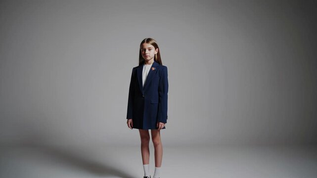 Confident young girl stands against a white backdrop, wearing a stylish blue blazer and white socks, showcasing various poses with subtle changes in expression