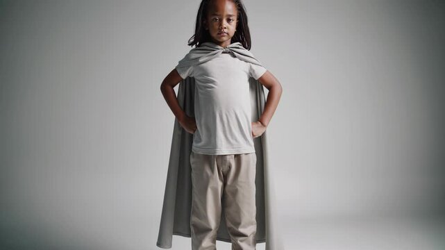 Confident young superhero costumed boy standing with hands on hips, embodying childhood dreams, strength, and imaginative empowerment against pristine white background