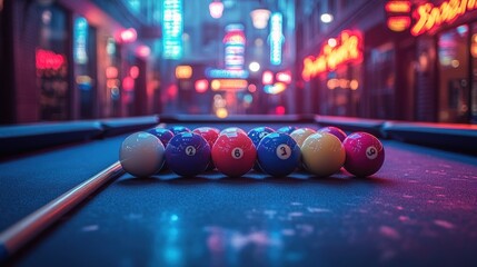 Night pool table in city alleyway with neon lights