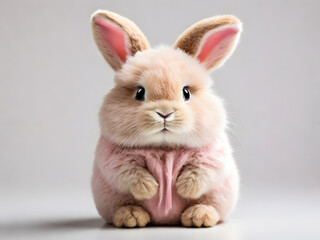 Obraz premium A fluffy baby rabbit with long ears sits wearing a pink hooded sweater.