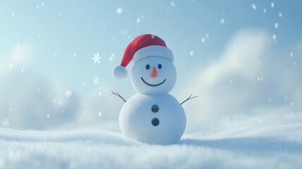 Tiny snowman in a red hat on snowy ground, with falling snowflakes