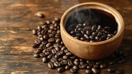 Fototapeta premium Steaming coffee beans in bowl