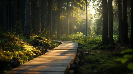 Obraz premium Warm golden light streaming over a wooden pathway in a dense forest, creating a fairytale effect,
