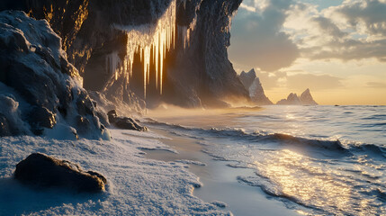 Winter Wonderland: Icy Beach at Sunset