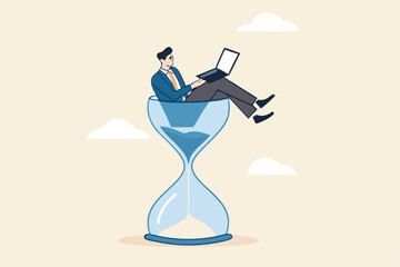 Work against deadline, time counting down to finish project, efficiency to spend time to complete work within timeline concept, busy businessman working with laptop inside hourglass count down timer.