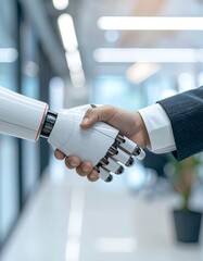 Close-up of a robotic hand shaking hands with a human, symbolizing collaboration between artificial intelligence and people. Modern office environment with soft lighting in the background.