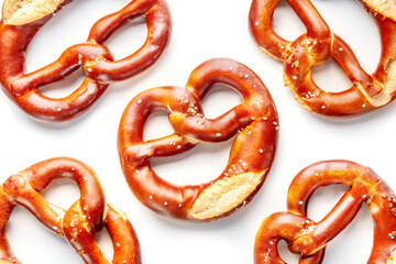 Pretzel or Bretzel, traditional German beer snack, a wheat bread with salt, overhead flat lay shot on a white background, a pattern
