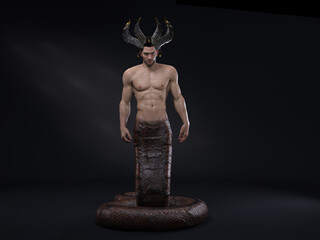3D Render : A human-snake hybrid male creature, half snake half human, fantasy lord male naga character