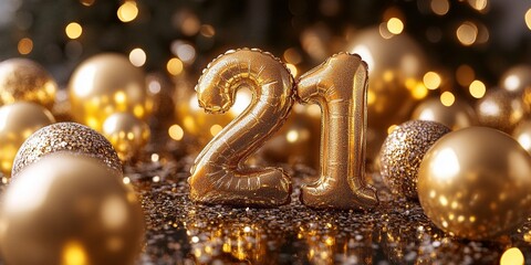 Golden Number 21 Balloon With Festive Balloons And Confetti, Perfect For 21st Birthday Celebrations