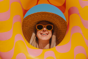 Stylish woman enjoying summer vacation with inflatable ring