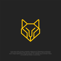 Abstract fox emblem in vibrant yellow outline against a deep charcoal backdrop, blending modern geometric design with wild animal essence, minimalist vector artwork