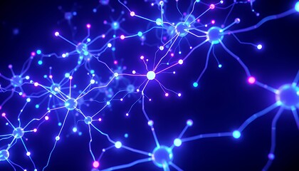 Fototapeta premium Glowing Interconnected Neon Blue and Pink Neuron Cells Network in Dark Background in 3D Render Symbolic of Biotech Innovation Neural Network and Technological Advancement