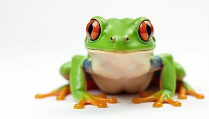 Obraz premium Green tree frog, vibrant skin, white background, isolated frog, vibrant