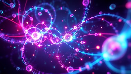 Interconnected Neon Pink And Blue Lines Forming Swirling Patterns On A Dark Purple Abstract 3D Render Illustration With Illuminated Spheres And Sparks