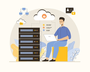 Cloud computing, storage concept. Web hosting, online database, data center, server. Flat vector illustration.