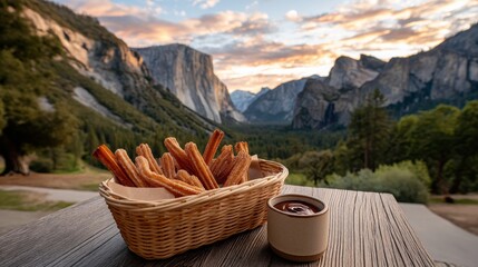 Delightful Churros and Chocolate Sauce Against Mountain Landscape