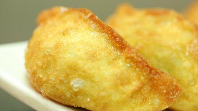 Pan-fried mandu on a white plate