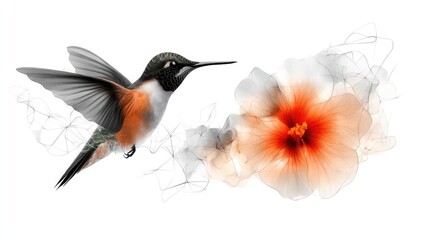 Fototapeta premium Simple one-line sketch of a hummingbird hovering near a flower on an absolutely white background.
