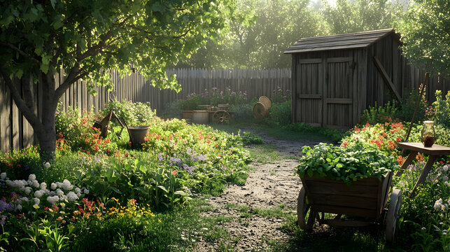Serene Cottage Garden: A Summer Landscape of Flowers and Rustic Charm