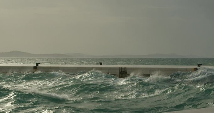 Strong Waves from the Jugo Wind Crash on the Promenade in Zadar, Croatia