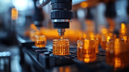 Automated liquid filling, factory production line, amber bottles, industrial background