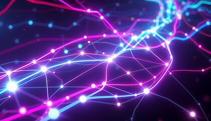 Obraz premium Luminescent 3D Neon Biotech Illustration Featuring Vibrant Blue and Pink Bioluminescent Strands Interconnected with Glowing Dots on a Dark Background Perfect for Decoration and Futuristic Designs