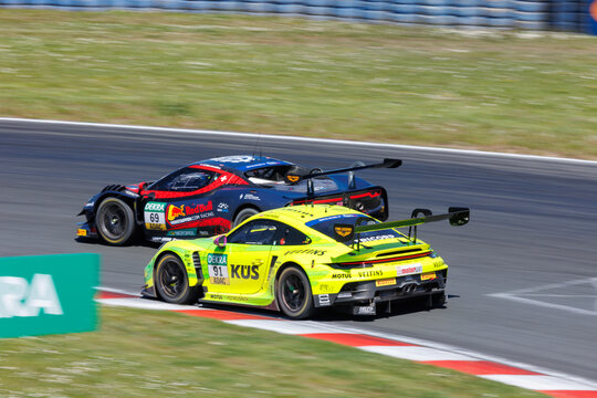 Oschersleben , Germany. 27th April, 2025.Scenic view battle fast Mercedes BMW Audi Lamborghini Ferrari Porsche Ford DTM Oschersleben Motorsport Arena race track. European motors auto sport competition